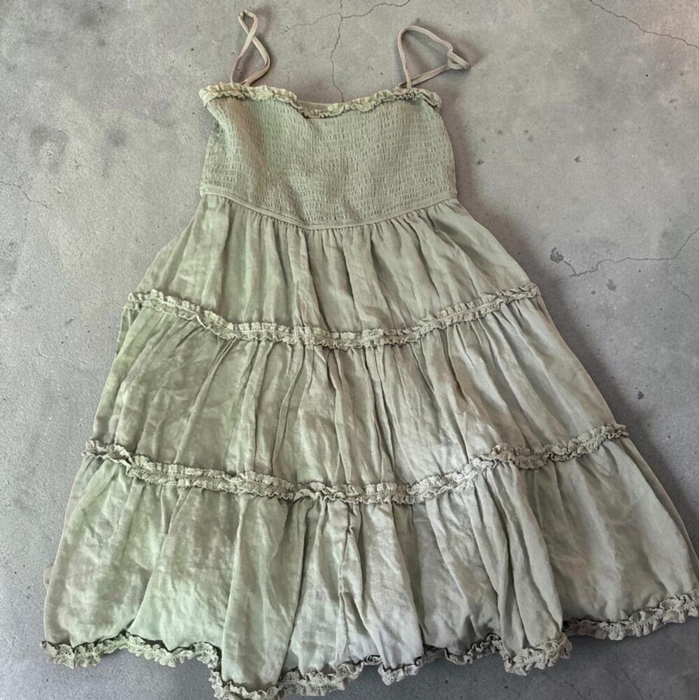 Altar’d State Sage Green Smocked Tiered Mini Dress Boho Size Large